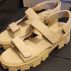 Public Desire Wide Width Fit Tan Chunky Sandals with Platform Sole